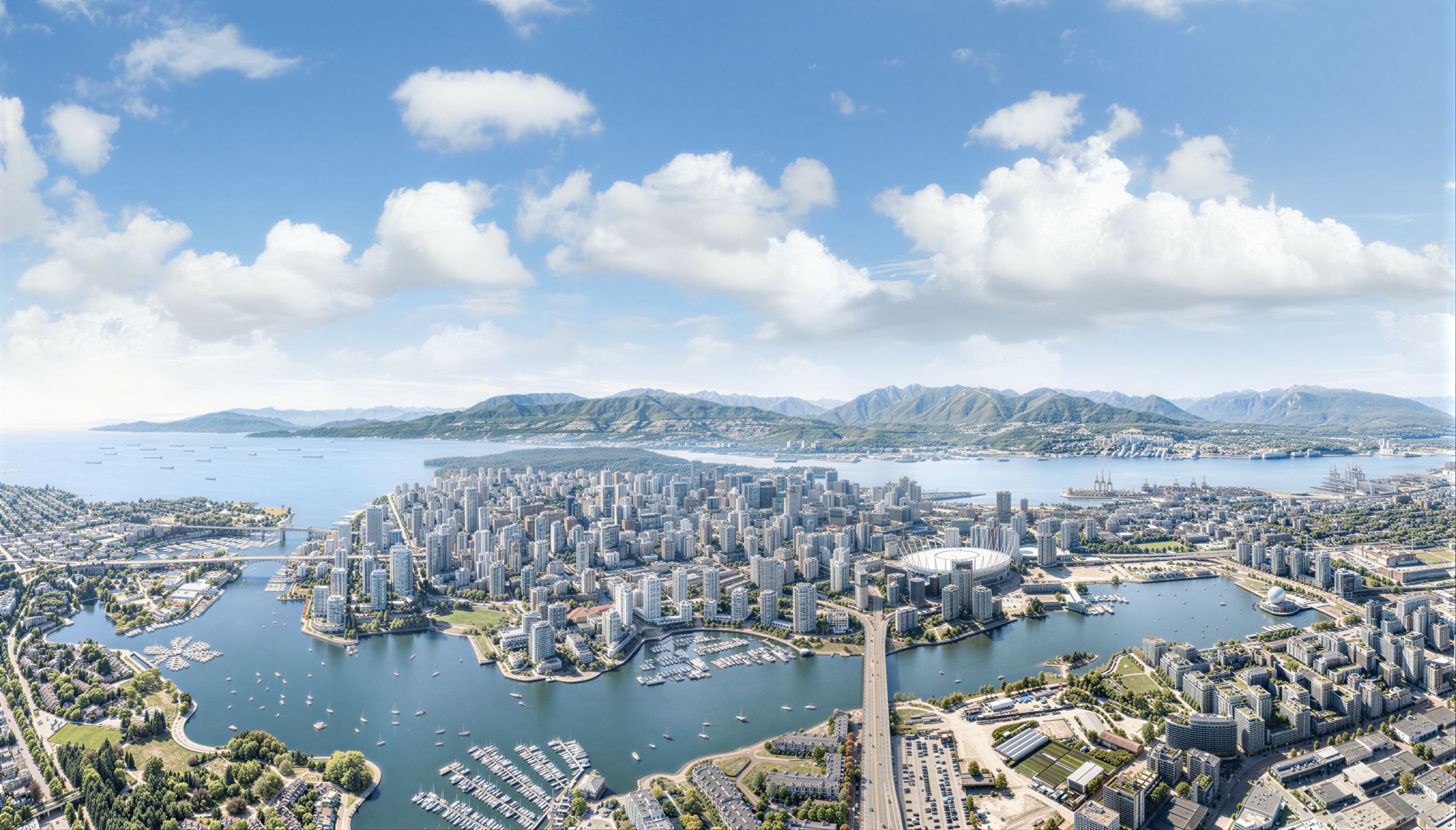 Aerial view of False Creek at sunset, with Concord Pacific Place's waterfront towers along the seawall, BC Place stadium at centre, and the North Shore mountains beyond